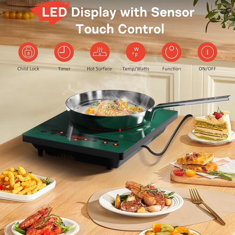 Traenvir Single Burner Electric Cooktop, Portable Ceramic Stove 1800W, One Burner Electric Cooktop with Touch Control, Child Safety Lock, 4 Hour Timer, Overheat Protection, 110V-120V Plug in, Green - Image 3